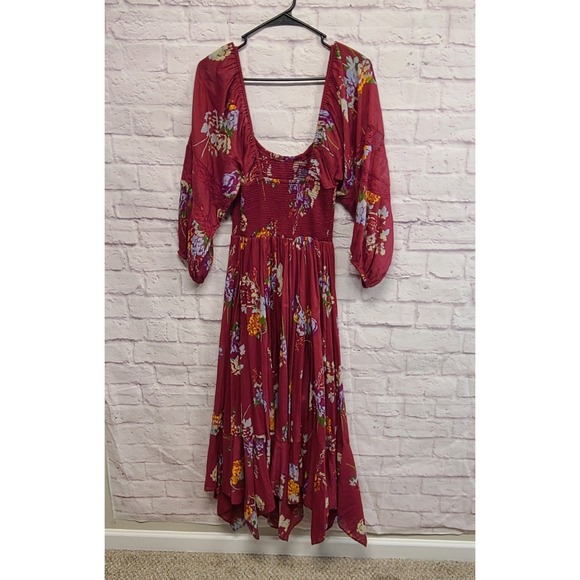 Free People Floral Smocked Midi Dress Burgundy Red XL/XS New With Flaws - Picture 12 of 15